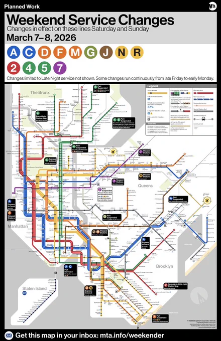 Weekend service change map between Mar 7-8, 2026