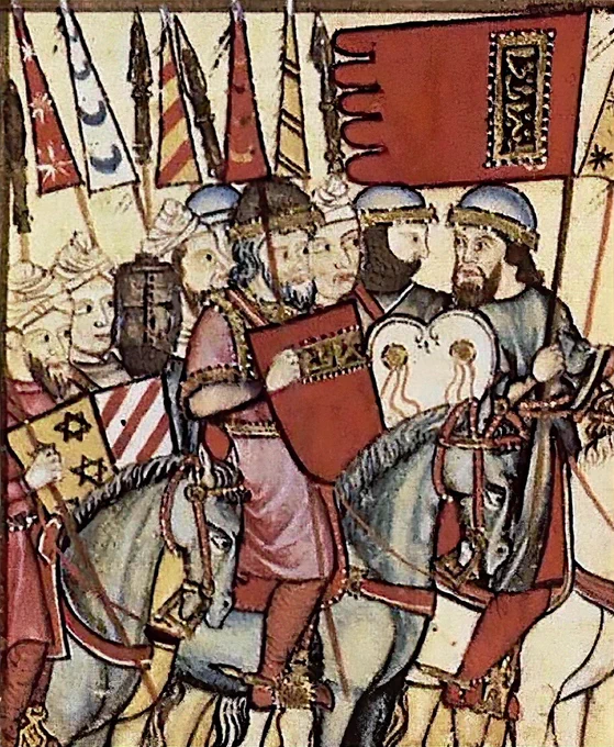 Muhammad I (red tunic and shield) depicted leading his troops during the Mudéjar revolt of 1264–1266 in the Cantigas de Santa Maria