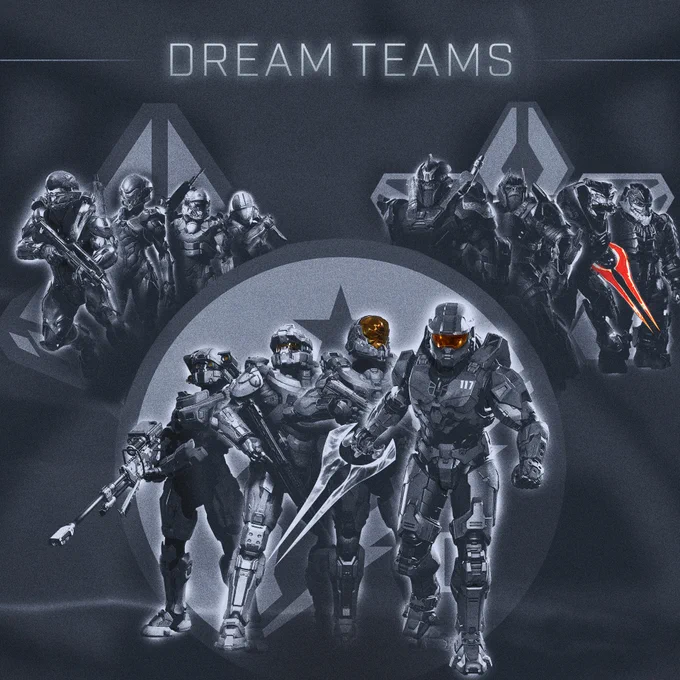Three legendary squads from Halo: Blue Team (Chief, Linda, Fred, Kelly); Fireteam Osiris (Locke, Vale, Tanaka, Buck); and the Hand of Atriox (Atriox, Jega, Tovarus, Hyperius)