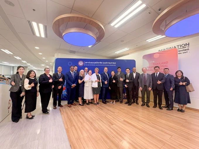 Group photo of government and post-secondary institution delegation from Saskatchewan standing with representatives from the Thailand Professional Qualification Institute.