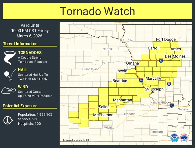 This graphic displays Tornado Watch watch number 16 plotted on a map. The watch is in effect until 10:00 PM CST. The watch includes parts of Iowa, Kansas, Missouri and Nebraska. The threats associated with this watch are a couple strong tornadoes possible, scattered hail up to two inch size likely and scattered gusts up to 70 mph possible. There are 1,993,165 people in the watch along with 950 schools and 100 hospitals.