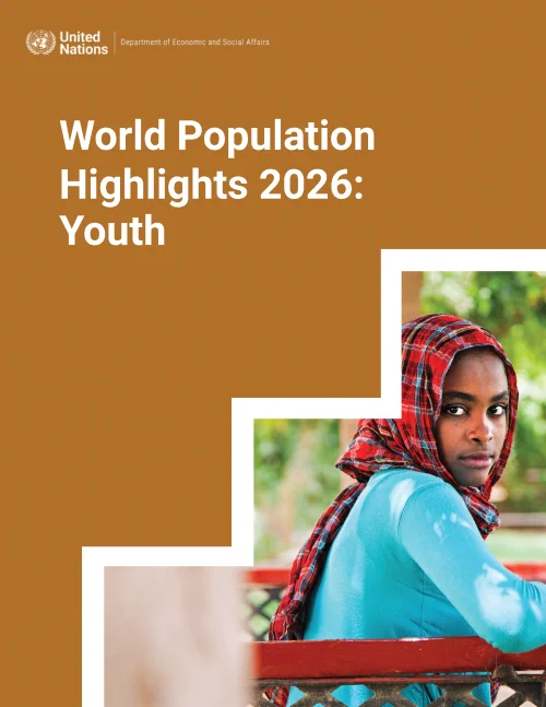 Cover of a UN report titled 'World Population Highlights 2026: Youth' with a blurred image of a young person wearing a red headscarf and blue shirt sitting on a bench.