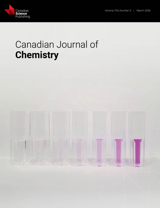 Canadian Journal of Chemistry cover. Black Banner at top of page with Canadian Science Publishing blaze. Main image: 7 clear cuvettes on white background. From left to right the clear liquid filling half of each cuvette becomes more saturated with a fuscia tint. 