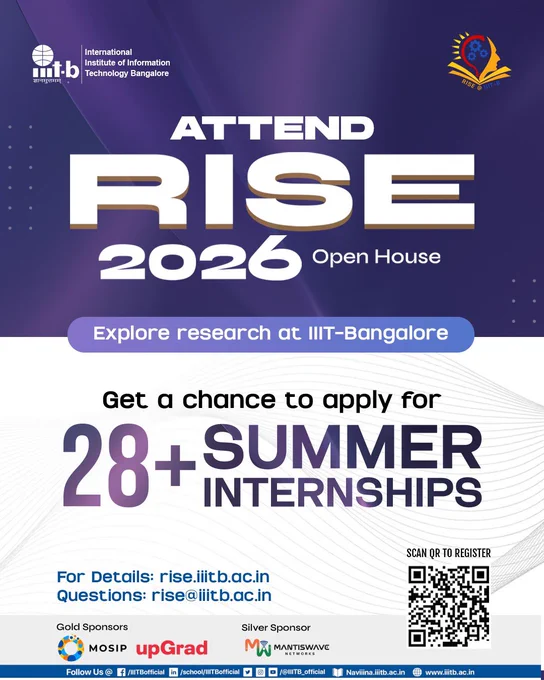 Poster for RISE 2026 Open House at IIIT-Bangalore. The design features a purple gradient background with the IIIT-Bangalore logo at the top left and the RISE logo at the top right. Large bold text reads “Attend RISE 2026 Open House,” followed by a banner saying “Explore research at IIIT-Bangalore.” The poster invites participants to “Get a chance to apply for 28  Summer Internships.” At the bottom are contact details: rise.iiitb.ac.in and rise@iiitb.ac.in, along with a QR code to register. Sponsor logos include MOSIP and upGrad as Gold Sponsors and Mantiswave Networks as a Silver Sponsor. Social media handles and the IIIT-Bangalore website are displayed along the footer.
