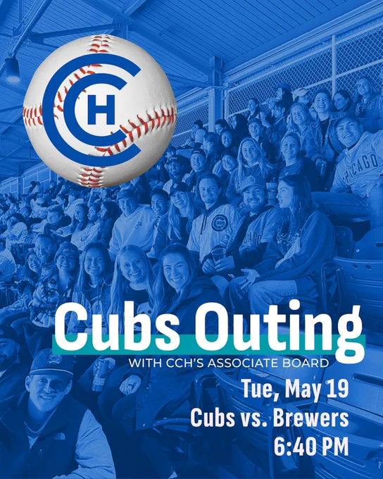A group of people sitting in stadium seats, smiling and watching a game. A large baseball with the Chicago Coalition to End Homelessness logo is at the top. Text reads: Cubs Outing with CCH's Associate Board, Tue, May 19, Cubs vs. Brewers, 6:40 PM.