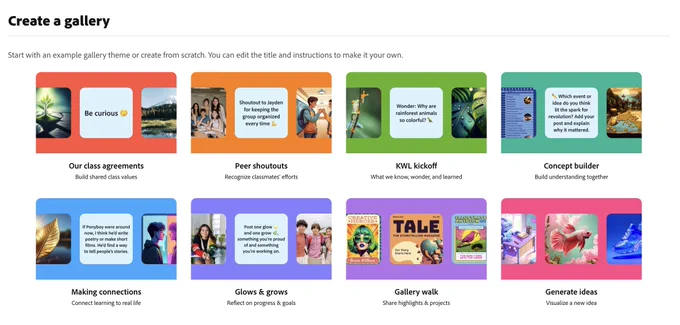 screenshot of the UX when you "create a Gallery" inside Adobe Express for EDU - various tiles show examples, themes, and ideas for how to edit the title, instructions to make it your own. Ideas include Class Agreements, Peer Shoutouts, KWL Kickoff, Concept Builder, Making Connections, Glows & Grows, Gallery Walks, and Generate Ideas. Various colored tiles are displayed.