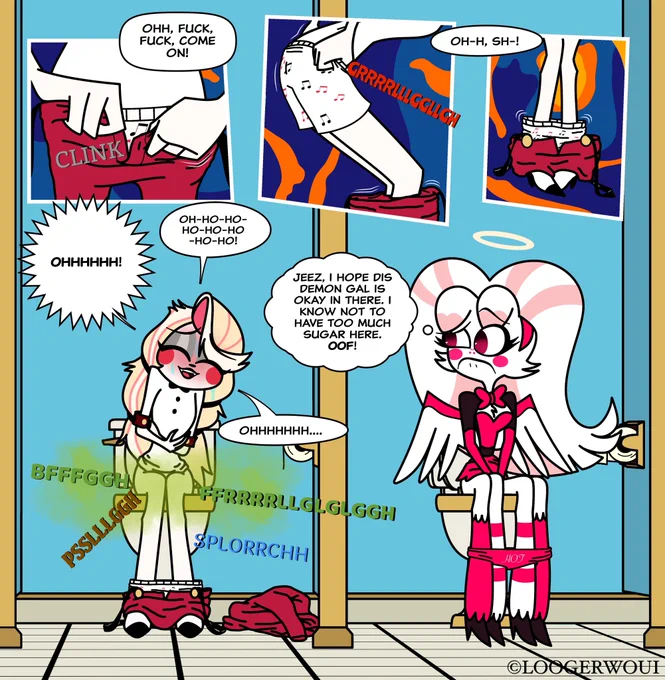 Charlie Morningstar from Hazbin Hotel having an immediate but relieving poop in a public toilet stall in Heaven; Molly is occupying the other stall next to Charlie.