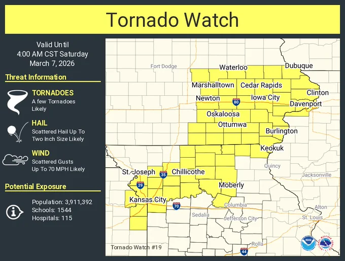 This graphic displays Tornado Watch watch number 19 plotted on a map. The watch is in effect until 4:00 AM CST. The watch includes parts of Illinois, Iowa, Kansas and Missouri. The threats associated with this watch are a few tornadoes likely, scattered hail up to two inch size likely and scattered gusts up to 70 mph likely. There are 3,911,392 people in the watch along with 1544 schools and 115 hospitals.