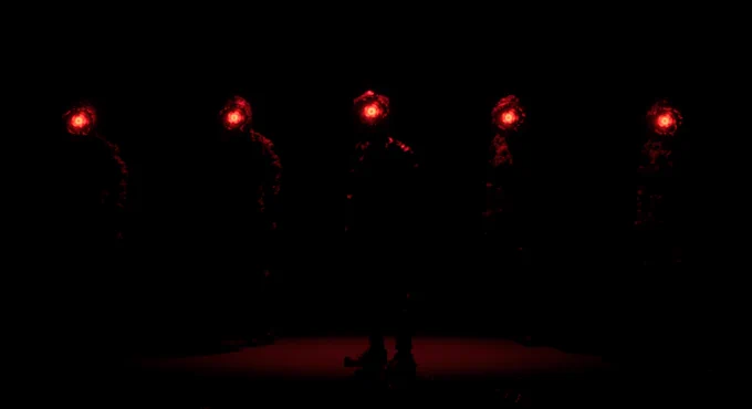 A room veiled in darkness, with mysterious creatures watching you, from the sci-fi horror game Ex Nihilo. 