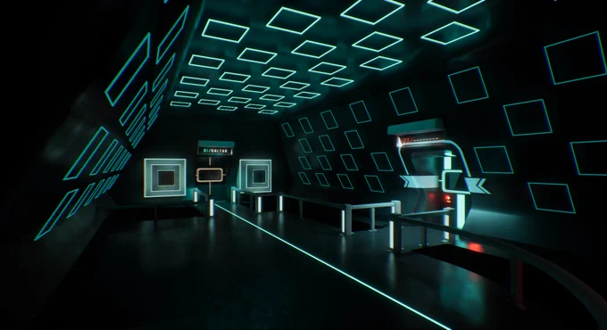 A quiet, atmospheric hallway in the sci-fi horror game Ex Nihilo. Liminal space facility with cinematic lighting.