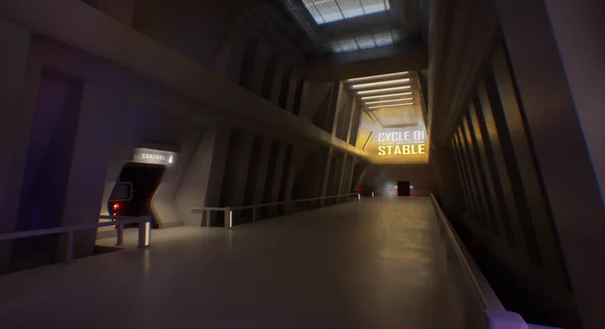 A quiet, atmospheric hallway in the sci-fi horror game Ex Nihilo. Liminal space facility with cinematic lighting.