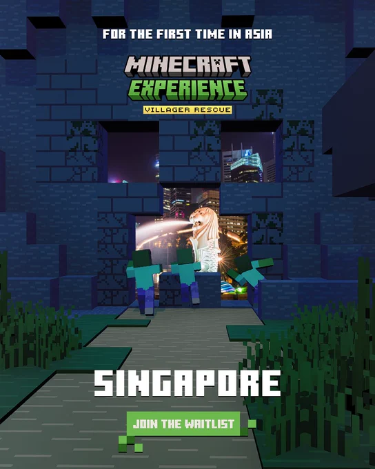 Image showcasing Minecraft Zombies looking through a vortex that showcases Singapore with the text "For the first time in Asia. Singapore"