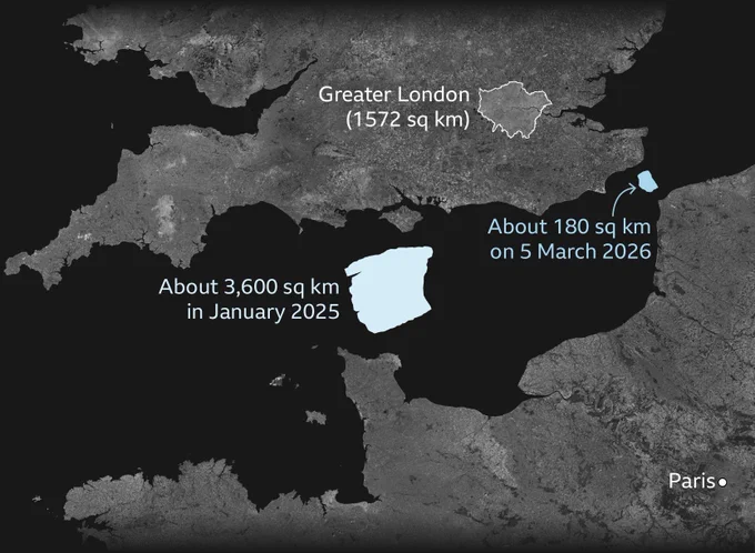 Comparison map showing Iceberg A23a as if it were in the English Channel. BBC