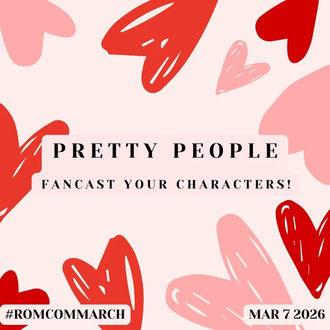 "Pretty People: Fancast your characters!" in black uppercase letters. The background is pale pink with red and pink scribbled hearts.