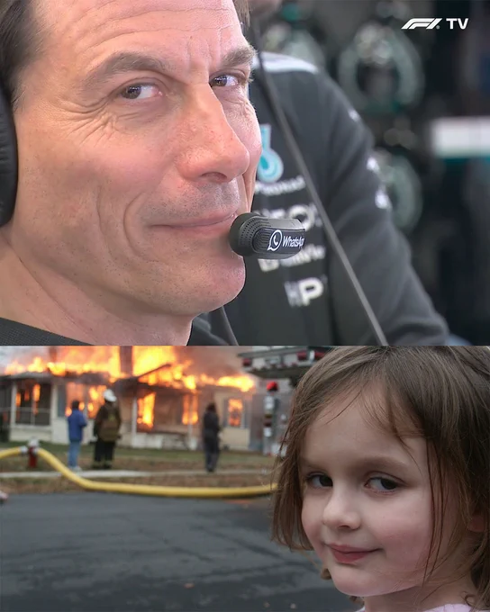 Toto Wolff smirking into the camera like the disaster girl meme