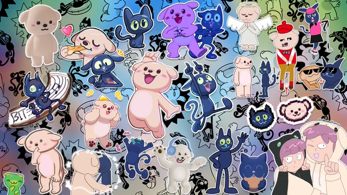 A digital collage featuring many drawings of the Bits & Bops mascots, Bit the black cat and Bop the cream-coloured dog-bear, all by different fan artists in different styles.