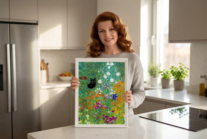 Woman holding Download Artwork's "Klimt garden with cat and mouse" printable art print in frame.