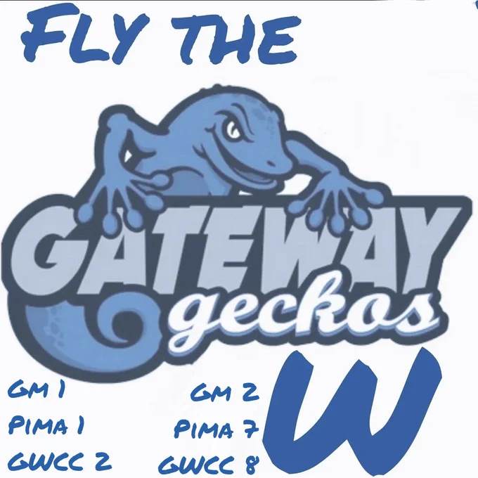 Logo of a blue gecko over the words "GATEWAY geckos" with the phrase "FLY THE W".

Transcribed Text:

GATEWAY GECKOS FLY THE W GM 1 Pima 1 GWCC 2 GM 2 Pima 7 GWCC 8