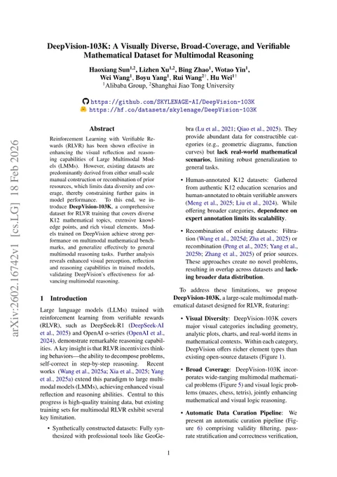First-page screencap: DeepVision-103K: A Visually Diverse, Broad-Coverage, and Verifiable Mathematical Dataset for Multimodal Reasoning