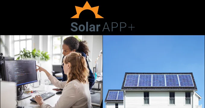 A logo with the sun and the text "SolarAPP " is displayed. Below, two individuals are collaborating in front of a computer screen with code. Next to them, a house with solar panels on its roof is shown.
