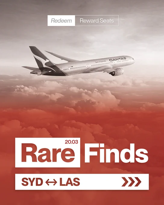 A Qantas airplane flying above clouds. The foreground displays the text "Rare Finds" with flight details "SYD ↔ LAS.