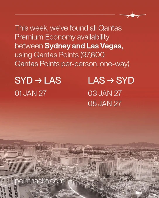 A promotional image featuring flight details for Qantas Premium Economy availability between Sydney and Las Vegas. The text highlights travel dates for January 2027, with flights from Sydney to Las Vegas on January 1 and return flights on January 3 and 5. The background has a red gradient with an aerial view of Las Vegas at the bottom.