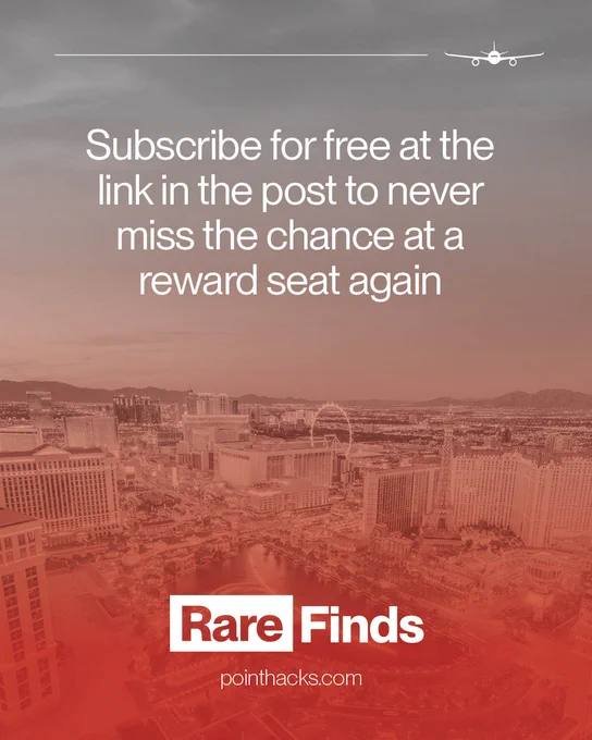 A city skyline with notable landmarks such as the High Roller observation wheel and other buildings is shown. The foreground text reads, "Subscribe for free at the link in the post to never miss the chance at a reward seat again." At the bottom, a logo reads, "Rare Finds" with the website "pointhacks.com" underneath. The image has a red tint. An airplane icon is at the top.
