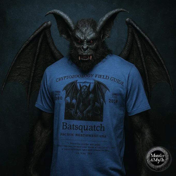 A realistic digital photo of the Batsquatch, a humanoid bat-like cryptid with leathery wings, dark fur, and glowing red eyes, standing against a moody blue-gray background while wearing a blue “Batsquatch Cryptozoology Field Guide” T-shirt from Monster & Myth. The lighting is dramatic, evoking a gothic and cinematic atmosphere.
