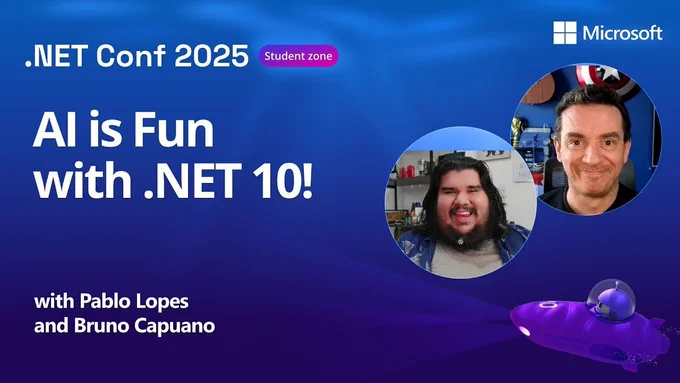 Spot art.
Photo of presenter(s)
text reads: .net conf 2025
ai is fun with .net 10!