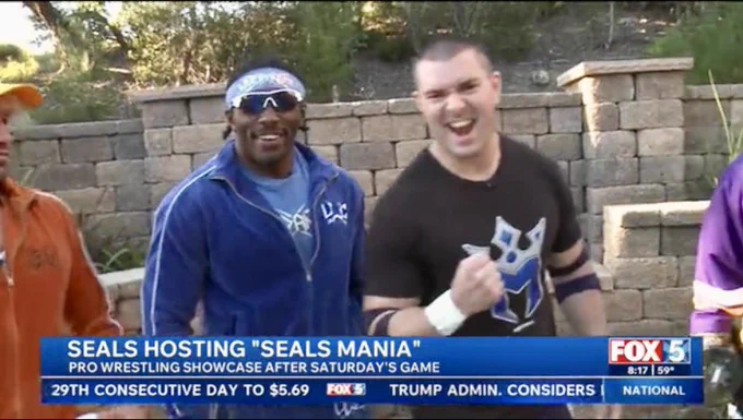 Professional wrestlers Mathias, Livewire Charlie and Danger Ross at the Fox 5 San Diego News Studio for a live segment promoting a 20 man Royal rumble pro wrestling match after the Seals Lacrosse Game this Saturday