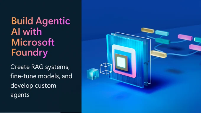 Training graphic titled 'Learn to Create AI Agents' for Microsoft Foundry, featuring 3D visualization of layered AI architecture with glowing center and connected network nodes in vibrant colors.