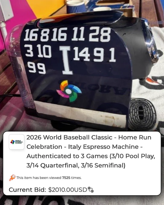 Team Italy's espresso machine up for auction on Major League Baseball's auction page. It features the espresso machine Team Italy used for its home run celebrations.