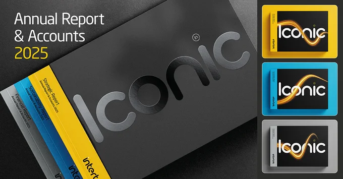 A stack of booklets with "Iconic" printed on the cover. The main booklet is black, while others are in blue, yellow, and gray. The text reads "Annual Report & Accounts 2025.