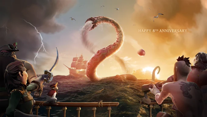 A crew looks ahead at a Kraken tentacle rearing from the ocean, a jet of water falling from its maw in such a way that the two shapes form the number eight. This is accompanied by the words "Happy 8th Anniversary".