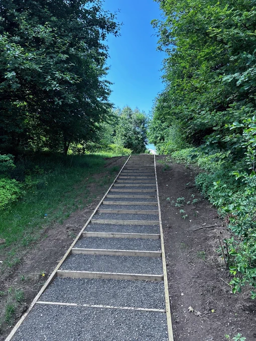 A gravel staircase in Wince Brook, Middleton ascends through lush, green trees under a clear blue sky.