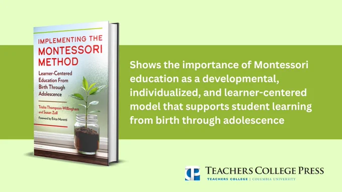 Graphic for the book Implementing the Montessori Method. A dark green banner runs across a light green background. There is a summary of the book on the banner that reads: Shows the importance of Montessori education as a developmental, individualized, and learner-centered model that supports student learning from birth through adolescence. The book cover is next to the summary on the right. It has a background image of a plant on a windowsill and the title in red. The Teachers College Press logo is in the bottom left corner. The caption reads: The Montessori Erdkinder Conference is taking place in Poland this weekend 

Recently published from @TCPress, Implementing the Montessori Method provides a comprehensive overview of how Montessori education supports children’s development 

https://mngbookshop.co.uk/9780807784112/implementing-the-montessori-method/ 