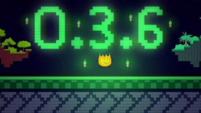 Screenshot of Firey jumping below torches and text saying "0.3.6" built out of Green Bricks, with a Taco decoration at the side.