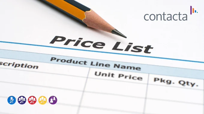A close up of a pencil lying on the top of a price list. The image carries the Contacta logo and five roundels that show the range of assistive listening systems Contacta offer.