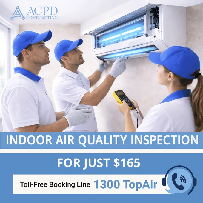 Call 1300 TopAir to book your Indoor Air Quality Inspection for $165 today. Receive a post-inspection certificate endorsed by our Chartered Engineer.

Indoor air quality can be 2 to 5 times worse than outdoor air. Poor air quality is ranked among the top environmental risks to public health and can contribute to respiratory issues, including occupational asthma.

ACPD Contracting delivers professional inspections to identify hidden contamination, assess microbial risks, and provide clear, certified results for safer indoor environments.

📞 Call Now 1300 TopAir — Toll-Free Hotline

☎️ Office:  61 8 7948 7000
🌏 Website: https://acpd.au
📧 Email: sales@acpd.au

#IndoorAirQuality #IndoorAirQualityinspection #indoorairpollution #indoorair #uvlighttreatment #1300topair #acpd #hvachygiene #airconditioning #airconditioningcleaning