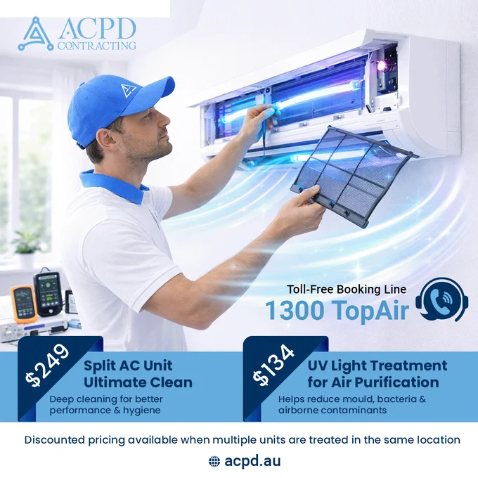 Keep your air conditioning clean and your indoor air safe with professional solutions from ACPD Contracting.

✔ Split AC Ultimate Clean – $249
✔ UV Light Treatment – $134

Discounted pricing available when multiple units are treated in the same location.

Reliable service designed to improve air quality, reduce contamination, and maintain system performance — with a post-treatment certificate endorsed by our Chartered Engineer.

📞 Call 1300 TopAir — Toll-Free Hotline

☎️ Office:  61 8 7948 7000
🌏 Website: https://acpd.au
📧 Email: sales@acpd.au

#IndoorAirQuality #IndoorAirQualityinspection #indoorairpollution #indoorair #uvlighttreatment #1300topair #acpd #hvachygiene #airconditioning #airconditioningcleaning