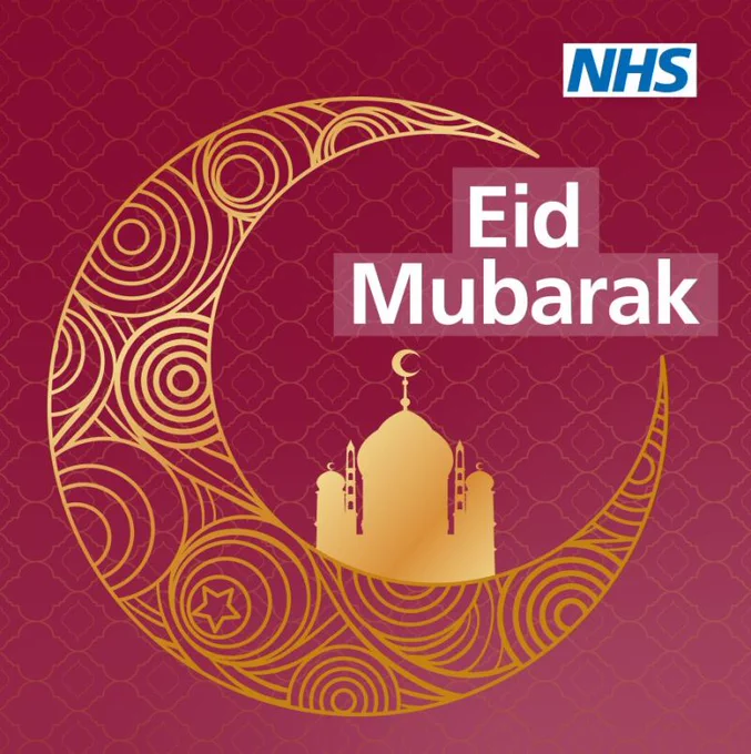 Gold crescent moon and star on a red background, with ‘Eid Mubarak’ written in white. The NHS logo appears in the top right corner on a white background with blue text. The design celebrates Eid al-Fitr.
