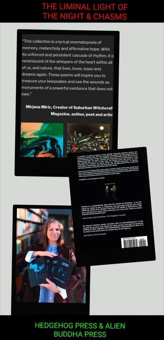 Preview statements for 'The Liminal Light of the Night' and 'Chasms'. Carmella de Keyser holding her first two chapbooks. Preview of Chasms back cover.