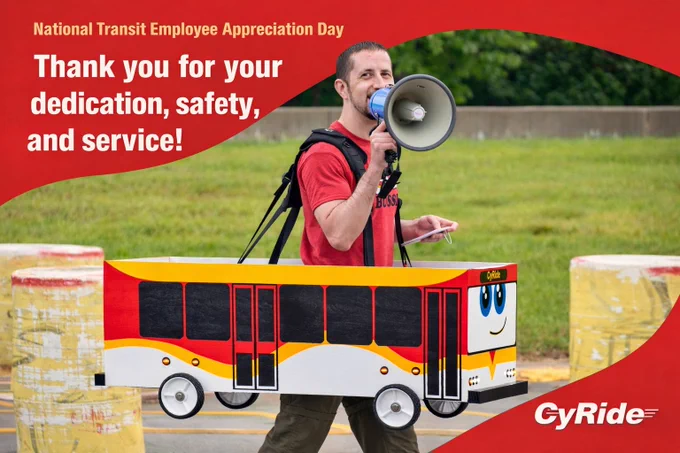 Employee in a bus costumer with megaphone
