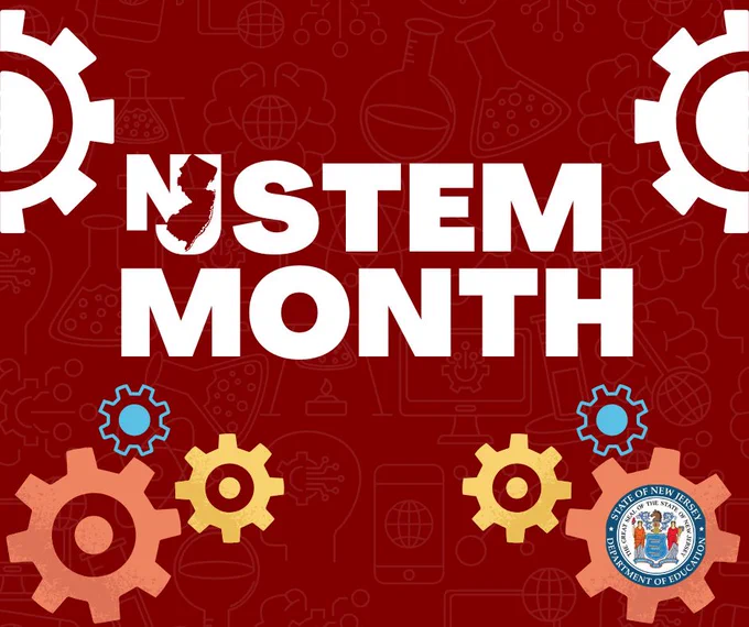 Graphic design promoting NJ STEM Month features bold white text on dark red background with science-themed icons like flasks, gears, and circuit patterns. Design includes New Jersey state silhouette inside letter "J" and official seal, emphasizing celebration of science, technology, engineering, and math in New Jersey