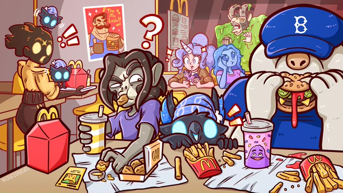 Digital artwork featuring various Deadlock characters at McDonald's. Rem runs from Haze to steal Mo and Krill's fries, while Celeste and Vindicta are sitting in the back. Billy is in the cube somewhere.