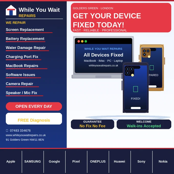 Same-Day Mac & Phone Repairs in Golders Green, London — No Fix, No Fee
💻 Is your MacBook, iPhone or Android playing up?

We fix it while you wait — no waiting days, no hidden charges.

✅ Screen Replacements
✅ Battery Repairs
✅ Water Damage Recovery
✅ Charging Port Fixes
✅ Software Issues & More

📍 Walk in today — 91 Golders Green Rd, London NW11 8EN
📞 Call or WhatsApp: 07483 334676