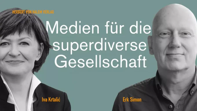 Das Buch-Cover zeigt zwei Porträtfotos, eine Frau und einen Mann, sowie den Buchtitel "Medien für die superdiverse Gesellschaft".