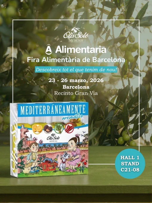 Olis Solé en Alimentaria Barcelona, 23-26 marzo 2026. Producto "Mediterráneamente"; Hall 1, stand C21-08.