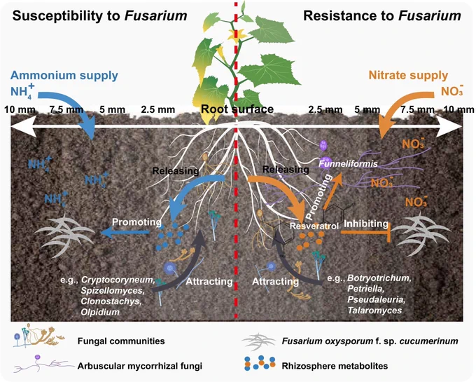 Schematic diagrams summarizing how nitrate supply enhances Fusarium wilt resistance by modulating rhizosphere metabolites and fungal communities, while ammonium supply exacerbates susceptibility via similar pathways. 