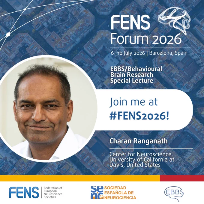 🌟 Charan Ranganath | EBBS/Behavioural Brain Research Special Lecture

🧠  On 7 July at #FENS2026, join Prof. Charan Ranganath (University of California, Davis), for the EBBS/Behavioural Brain Research Special Lecture!

Prof. Ranganath has spent over 25 years researching the mechanisms in the brain that enables us to remember past experiences, using brain imaging, computational modelling and studies on memory disorders. 🔬

🏆 His work has been recognised with prestigious awards including a Guggenheim Fellowship, a Vannevar Bush Faculty Fellowship and the Cognitive Neuroscience Society Young Investigator Award.

📚 He is also the author of the New York Times bestseller 'Why We Remember' and a widely featured voice in international media.

Meet all the speakers 👉 https://buff.ly/eatX63n 